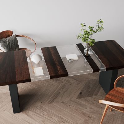 侘寂，中古，原木，玻璃，长桌，餐桌，餐桌椅