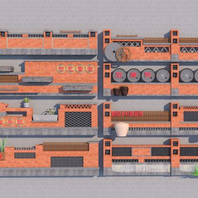 新中式红砖景墙围墙3D模型