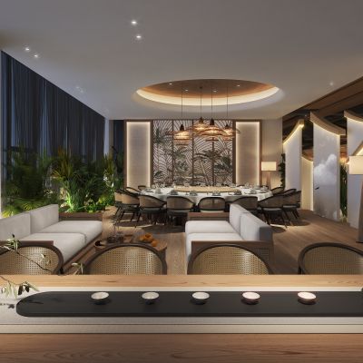 东南亚餐厅包房包厢 屏风，茶桌，圆形餐桌，双人沙发茶几