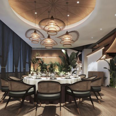 东南亚风格餐厅包房， 吊灯，圆形餐桌椅