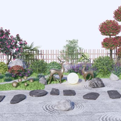 庭院花园 微地形 鹿雕塑小品 枯山水 植物组团 汀步 草地灯 石头 花草3D模型