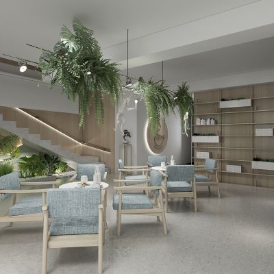 咖啡店，咖啡厅，咖啡馆，楼梯，咖啡桌椅，休闲桌椅，绿植景观小品，展示柜