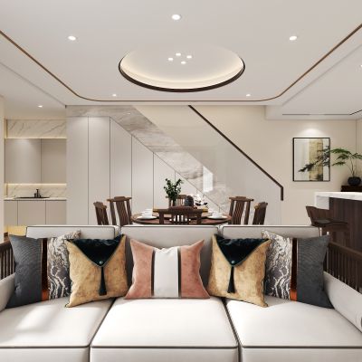 新中式客餐厅，沙发茶几组合，餐桌椅组合，铁艺隔断玄关，电视柜