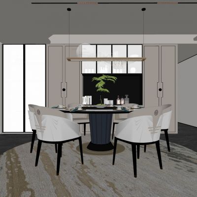 现代家居餐厅 新中式餐厅 新中式餐桌椅组合 酒柜组合 吊灯 饰品