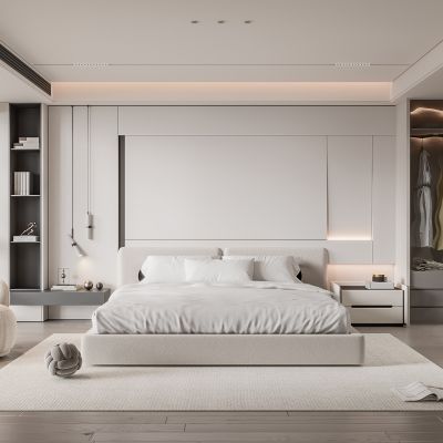 现代卧室 双人床 饰品 休闲椅 床头吊灯 无主灯造形吊顶 衣柜