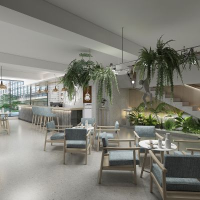 现代咖啡店，咖啡厅，咖啡馆，吧台，服务台，接待台，咖啡桌椅，绿植景观小品