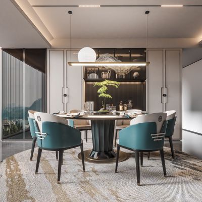 新中式餐厅 新中式餐桌椅组合 酒柜组合 吊灯 饰品