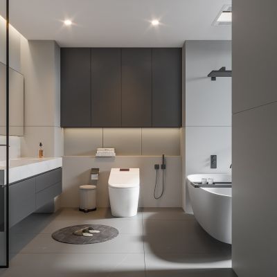 现代卫生间 马桶 浴室柜 洗脸盆 镜子 玻璃隔断 浴缸