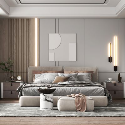 现代卧室，双人床，床头柜，衣柜，壁灯