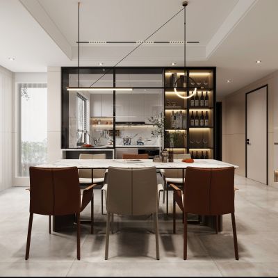 现代餐厅，餐厅，酒柜，入户，餐桌，厨房