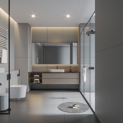 现代卫生间 马桶 浴室柜 洗脸盆 镜柜 玻璃隔断