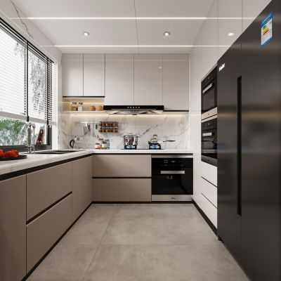 现代厨房，厨房，橱柜，冰箱，烤箱柜
