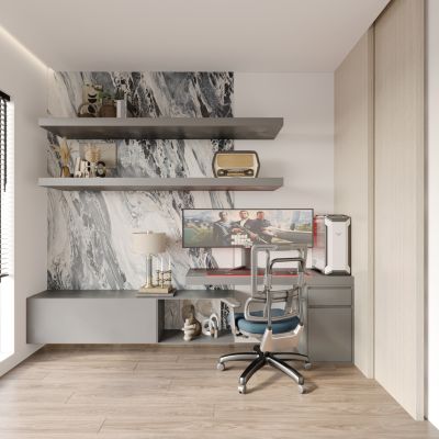 现代轻奢书房，摆件，电脑