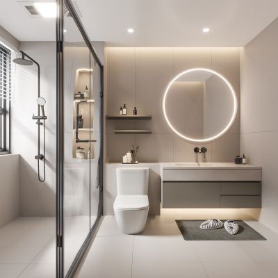 现代卫生间 马桶 浴室柜 洗脸盆 镜柜 玻璃隔断