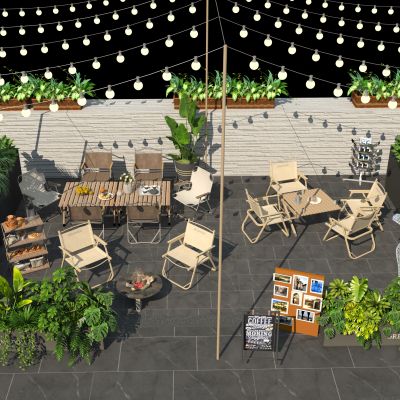 户外商业外摆区 露营休闲景观 户外桌椅 露营帐篷 花箱 花草植物