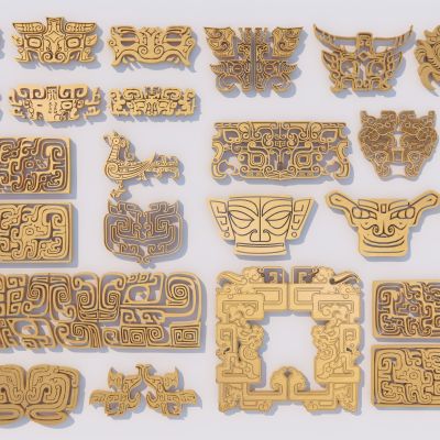 中式墙饰挂件 三星堆文化图案雕花3D模型