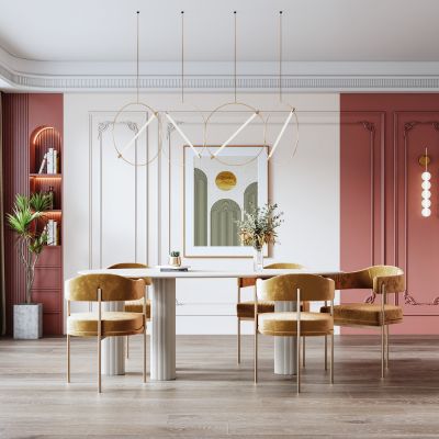 法式餐厅 餐桌椅 餐桌 餐椅 单椅 背景墙 装饰柜 吊灯 雕塑 天花