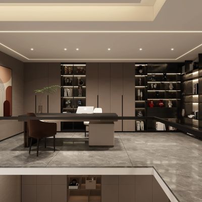 现代书房，书房，书桌，书柜