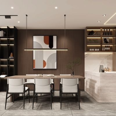 现代餐厅，餐厅，酒柜，入户，餐桌，厨房