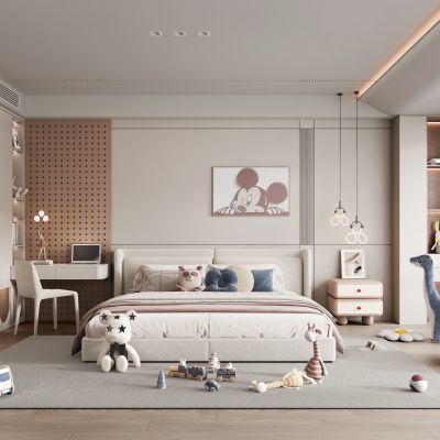 现代女孩房 双人床 床头柜 衣柜 书桌书椅 布偶娃娃 装饰画 吊灯 饰品摆件