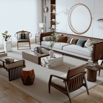 新中式组合沙发茶几，单椅