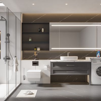  现代卫生间 马桶 浴室柜 洗脸盆 镜柜 玻璃隔断 洗衣机