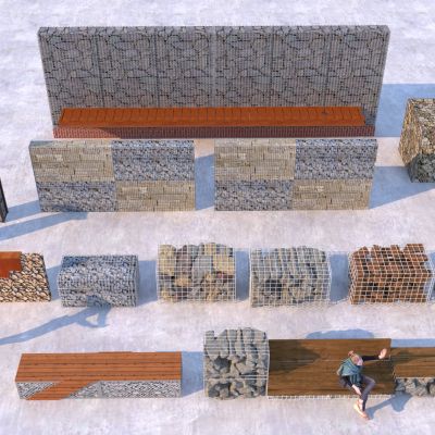 现代石笼景墙_石头围墙_景墙围墙3D模型