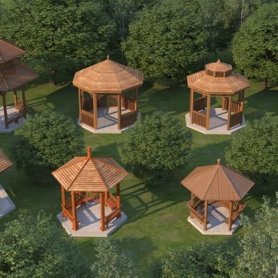 中式六角八角木凉亭组合3D模型