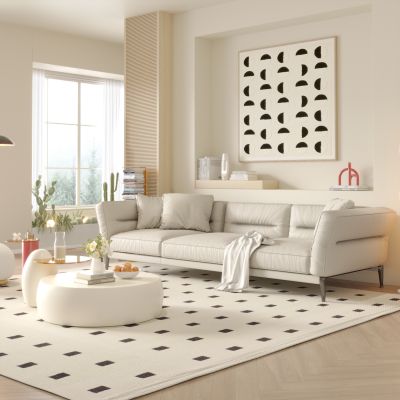 北欧奶油风客厅，现代皮沙发