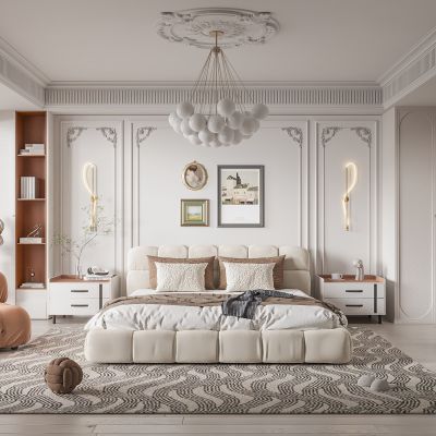 法式卧室 双人床 饰品 休闲椅  造形吊顶 衣柜 饰品 石膏线