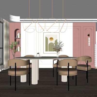 法式餐厅 餐桌椅 餐桌 餐椅 单椅 背景墙 装饰柜 吊灯 雕塑 天花