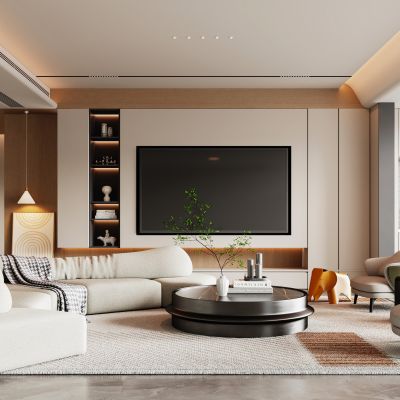 现代客厅  沙发  茶几  休闲椅  边几  绿植  装饰画  装饰柜