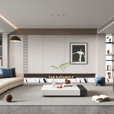 现代客厅 沙发茶几 单人沙发 沙发背景墙 壁炉 落地灯 饰品摆件 装饰画