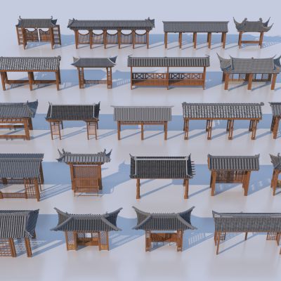 中式廊架组合3D模型