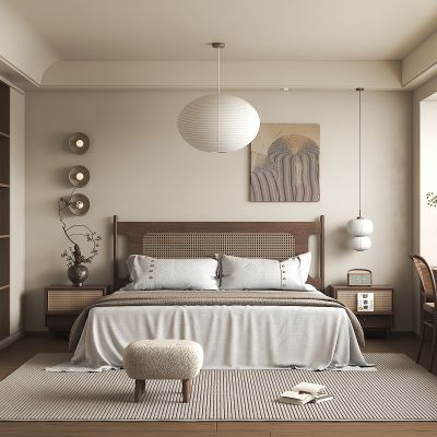 侘寂风卧室,双人床，衣柜，吊灯，壁灯，小吊灯，书桌椅