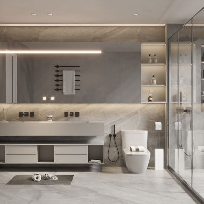 现代卫生间 马桶 浴室柜 洗脸盆 镜柜 玻璃隔断