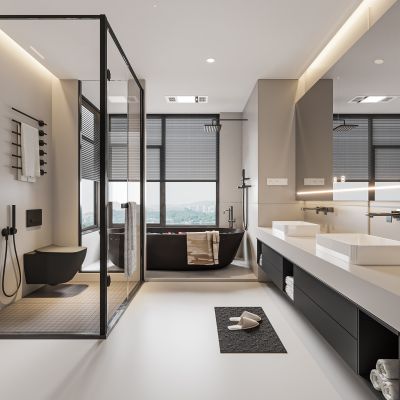 现代卫生间 马桶 浴室柜 洗脸盆 镜子 玻璃隔断 浴缸 