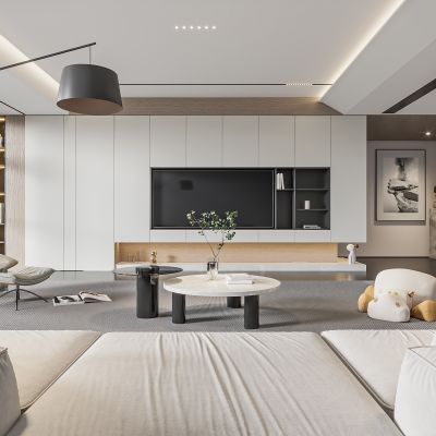 现代客厅 奶油风客厅 沙发组合 茶几组合 饰品摆件 背景墙柜