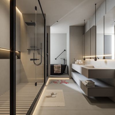 现代卫生间 马桶 浴室柜 洗脸盆 镜柜 玻璃隔断 浴缸