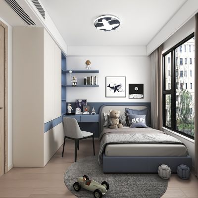 三个现代卧室，双人床组合，现代书桌椅组合，衣柜，现代吊灯，休闲椅，摆件