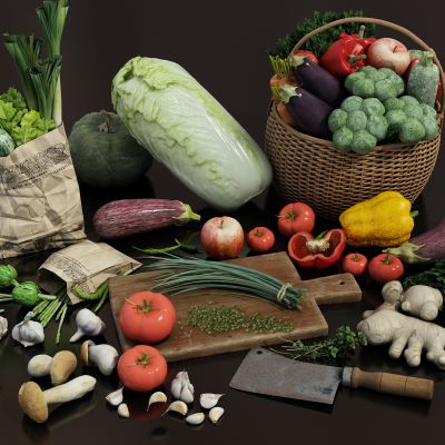 菜板菜刀 葱将蒜 水果蔬菜组合 竹编菜筐菜篮 蔬菜篮 白菜西兰花 西红柿茄子 辣椒南瓜