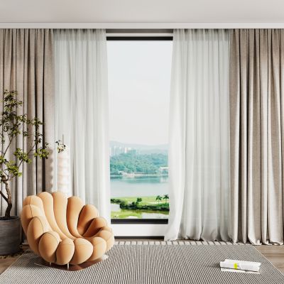 现代窗帘  窗纱  休闲椅  地毯  边几  绿植  落地灯