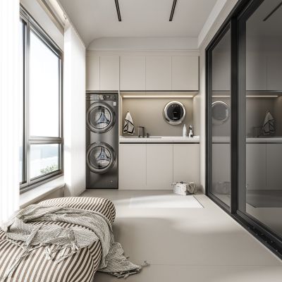 现代阳台 洗衣机 烘干机 壁挂洗衣机 洗手盆 隐藏式晾衣架 阳台梦幻帘