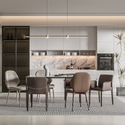 现代家居餐厅 餐桌椅组合 酒柜组合 吊灯 饰品