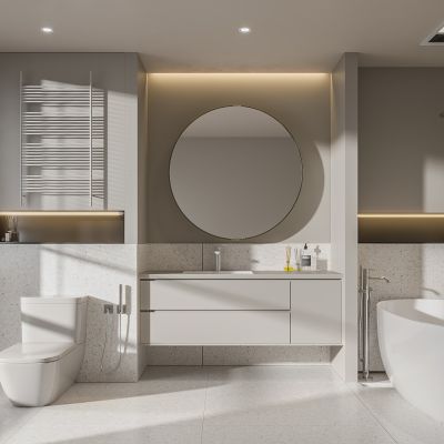 现代卫生间 马桶 浴室柜 洗脸盆 智能圆镜 浴缸