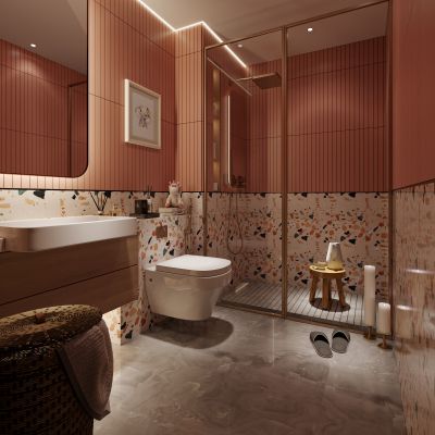 女孩粉嫩现代轻奢卫生间，摆件