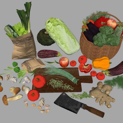 菜板菜刀 葱姜蒜 水果蔬菜组合 竹编菜筐菜篮 蔬菜篮 白菜西兰花 西红柿茄子 辣椒南瓜