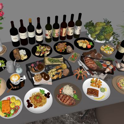 牛排意面组合 红酒酒瓶