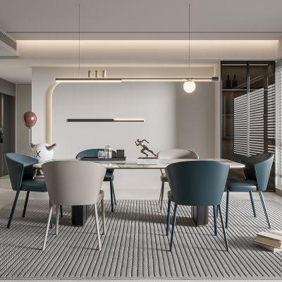 现代家居餐厅 餐桌椅组合 酒柜组合 吊灯 饰品