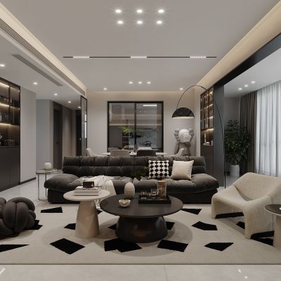 现代极简客厅餐厅，沙发，餐桌，玄关柜，鞋柜,酒柜，装饰画，